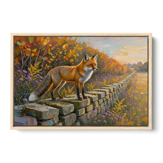 Red Fox on the Fieldstone Wall in Impasto - Oak Framed Canvas Wall Art - Front