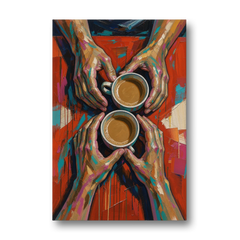 Red Kitchen Wall Art of Hands Around Two Coffees - Canvas Wall Art - Front
