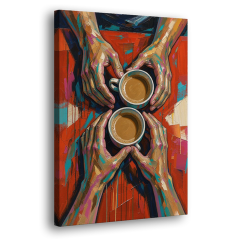 Red Kitchen Wall Art of Hands Around Two Coffees - Canvas Wall Art - Side