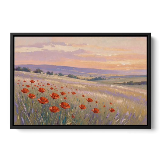 Red Poppy Meadow at Twilight - Black Framed Canvas Wall Art - Front