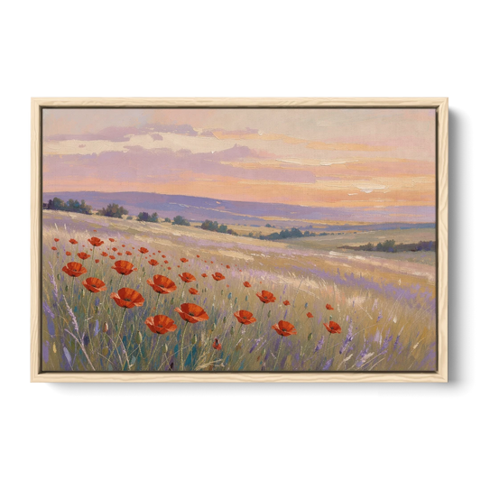 Red Poppy Meadow at Twilight - Oak Framed Canvas Wall Art - Front