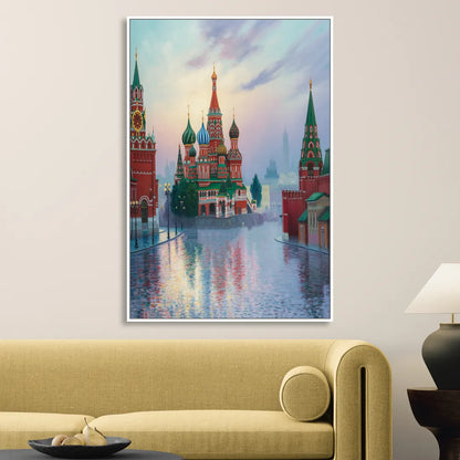 Red Square Reflections Sitting Room - White Canvas Wall Art