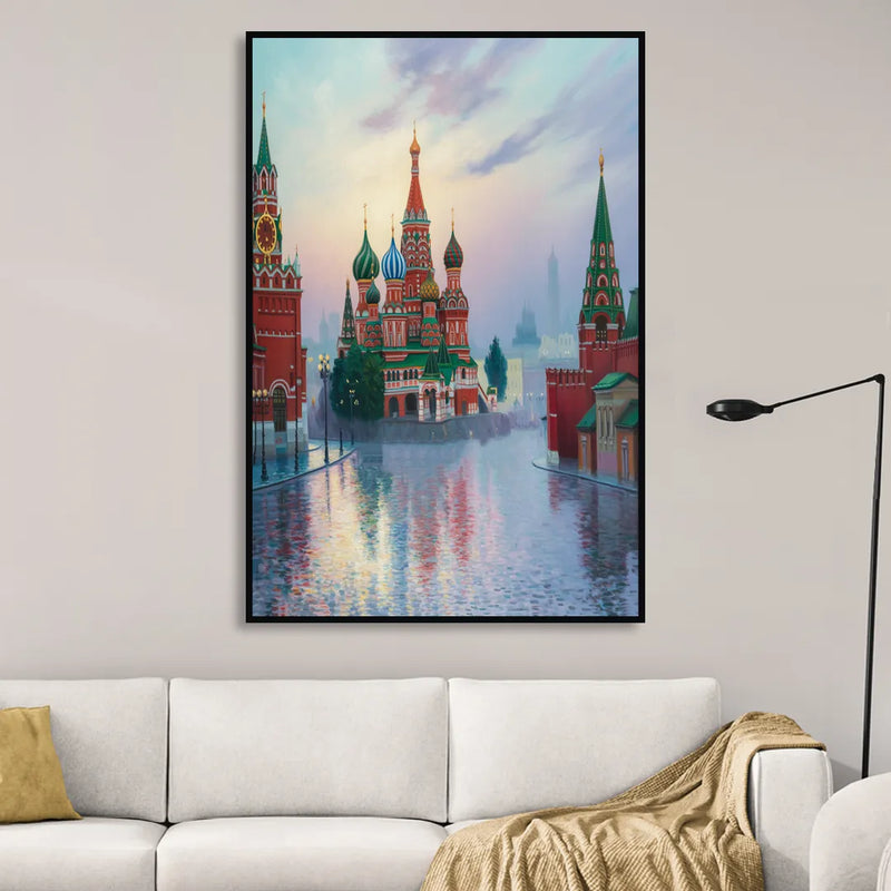Red Square Reflections Living Room - Black Canvas Wall Art