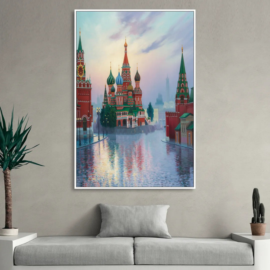 Red Square Reflections Living Room - White Canvas Wall Art