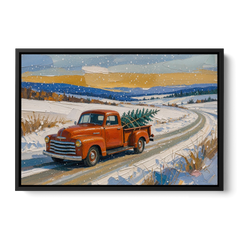 Red Truck Christmas Tree Painting on Country Road - Black Framed Canvas Wall Art - Front