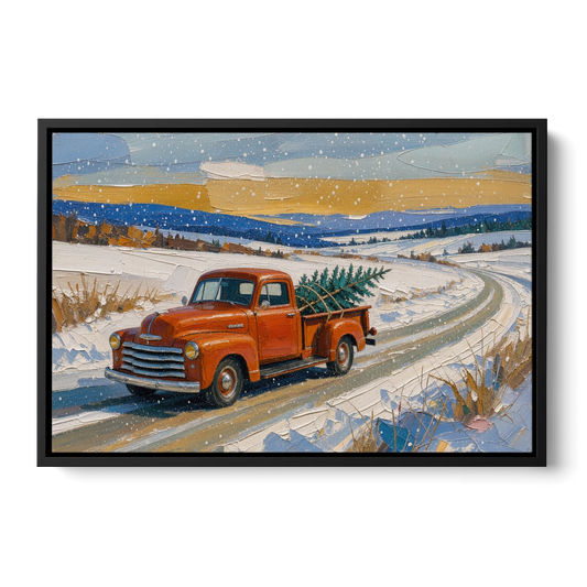 Red Truck Christmas Tree Painting on Country Road - Black Framed Canvas Wall Art - Front