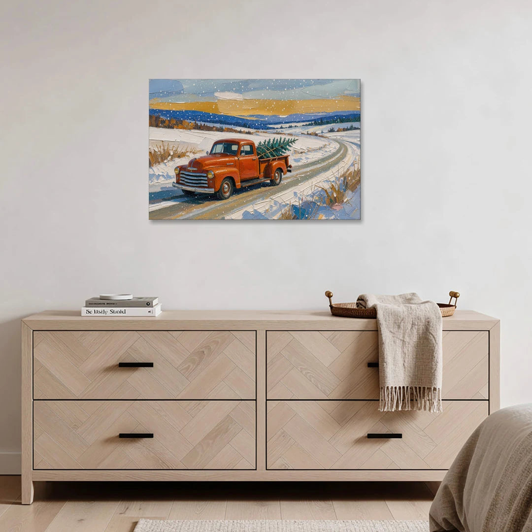 Red Truck Christmas Tree Painting on Country Road - Canvas Wall Art - Coffee Table - 36x24