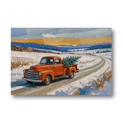 Red Truck Christmas Tree Painting on Country Road - Canvas Wall Art - Front