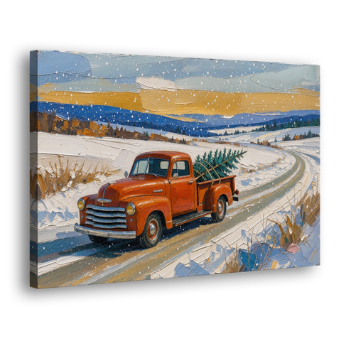 Red Truck Christmas Tree Painting on Country Road - Canvas Wall Art