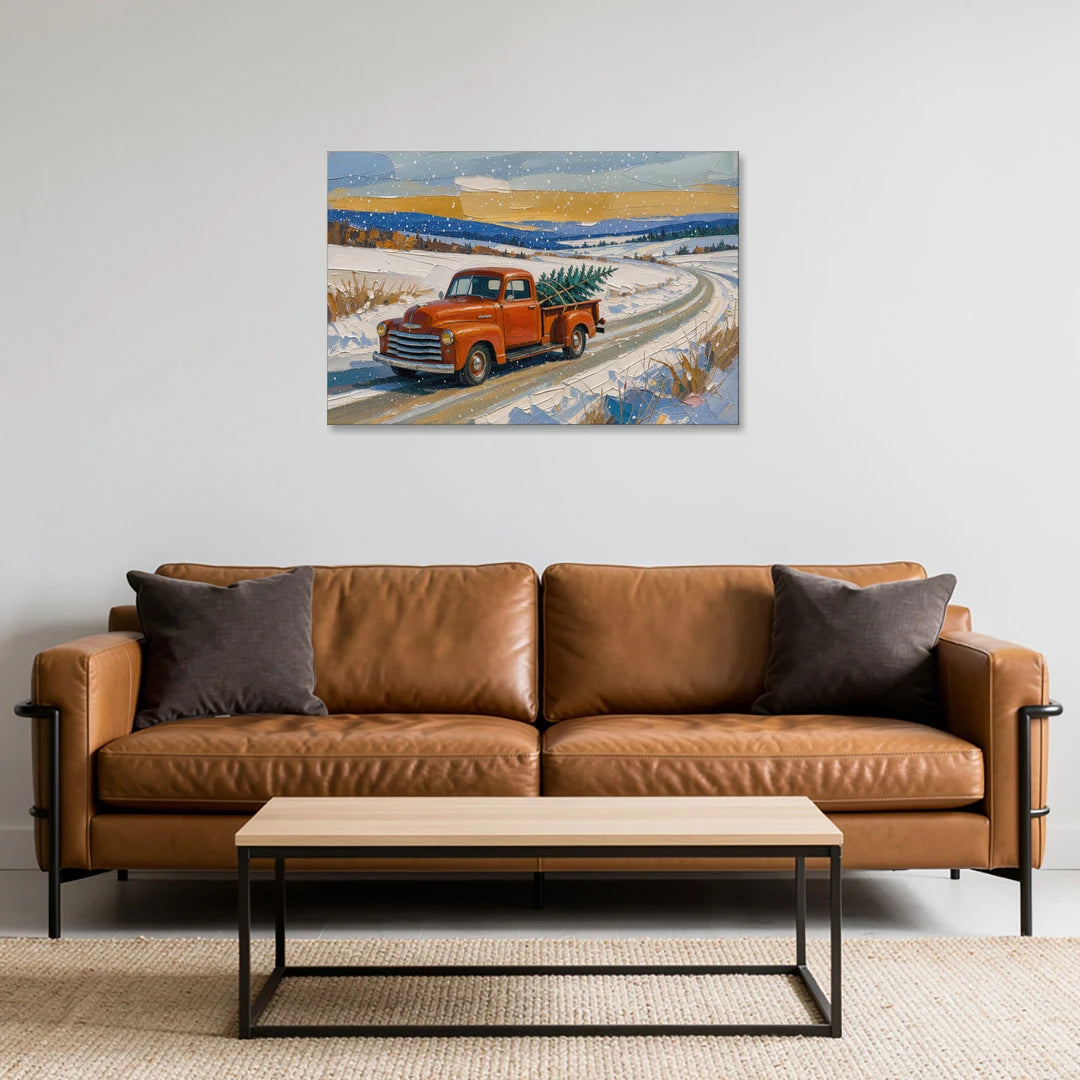 Red Truck Christmas Tree Painting on Country Road - Canvas Wall Art - Sofa - 36x24