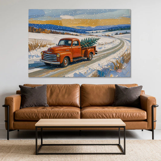 Red Truck Christmas Tree Painting on Country Road - Canvas Wall Art - Sofa - 60x40