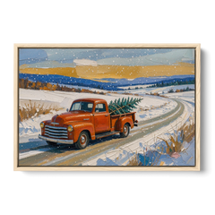 Red Truck Christmas Tree Painting on Country Road - Oak Framed Canvas Wall Art - Front