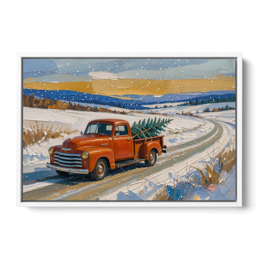 Red Truck Christmas Tree Painting on Country Road - White Framed Canvas Wall Art - Front