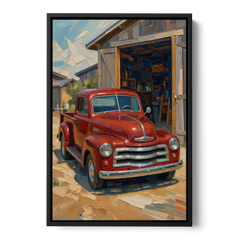 Red Truck Decor at the Open Workshop Door - Black Framed Canvas Wall Art - Front