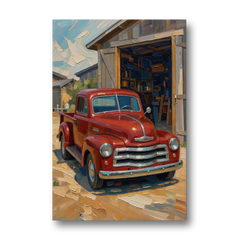 Red Truck Decor at the Open Workshop Door - Canvas Wall Art - Front
