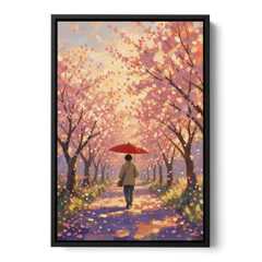 Red Umbrella Under Sakura in Impressionist Style - Black Framed Canvas Wall Art - Front