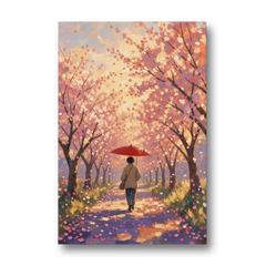 Red Umbrella Under Sakura in Impressionist Style - Canvas Wall Art - Front