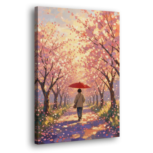 Red Umbrella Under Sakura - Canvas Wall Art - Side