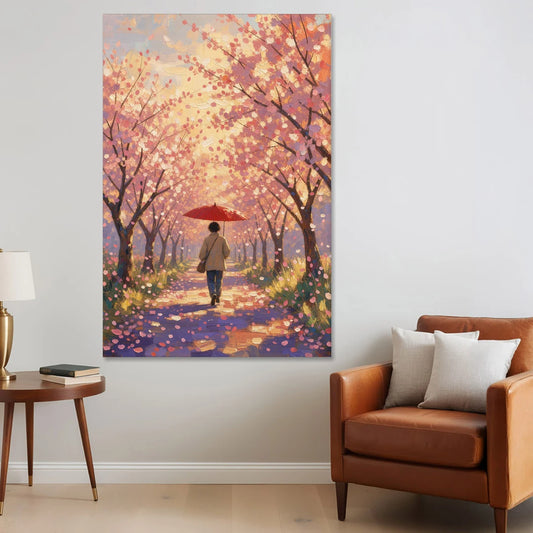 Red Umbrella Under Sakura in Impressionist Style - Canvas Wall Art - Sofa - 40x60