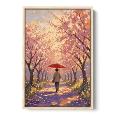 Red Umbrella Under Sakura in Impressionist Style - Oak Framed Canvas Wall Art - Front