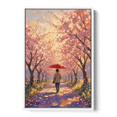 Red Umbrella Under Sakura in Impressionist Style - White Framed Canvas Wall Art - Front
