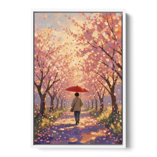 Red Umbrella Under Sakura in Impressionist Style - White Framed Canvas Wall Art - Front
