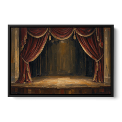 Red Velvet Curtains Framing an Empty Lit Stage - Black Framed Canvas Wall Art - Front