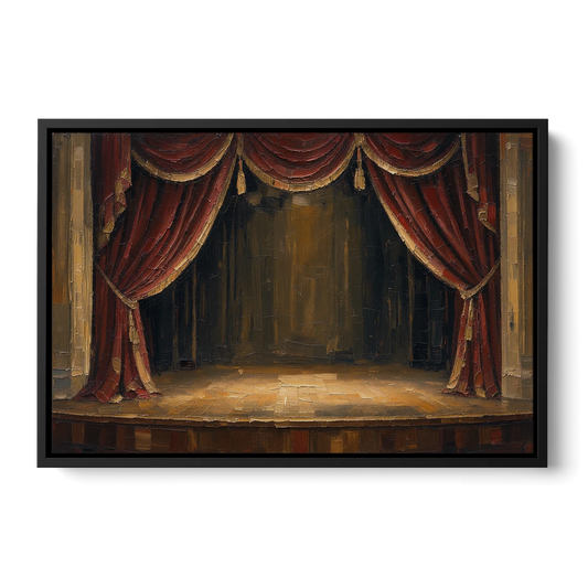 Red Velvet Curtains Framing an Empty Lit Stage - Black Framed Canvas Wall Art - Front