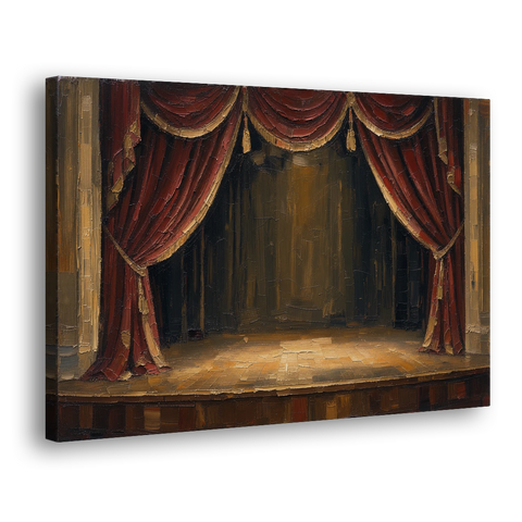 Red Velvet Curtains Framing an Empty Lit Stage - Canvas Wall Art - Side
