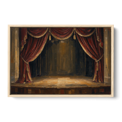 Red Velvet Curtains Framing an Empty Lit Stage - Oak Framed Canvas Wall Art - Front
