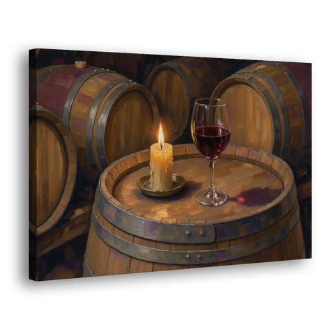 Red Wine Glass by Candlelight on an Oak Barrel - Canvas Wall Art - Side