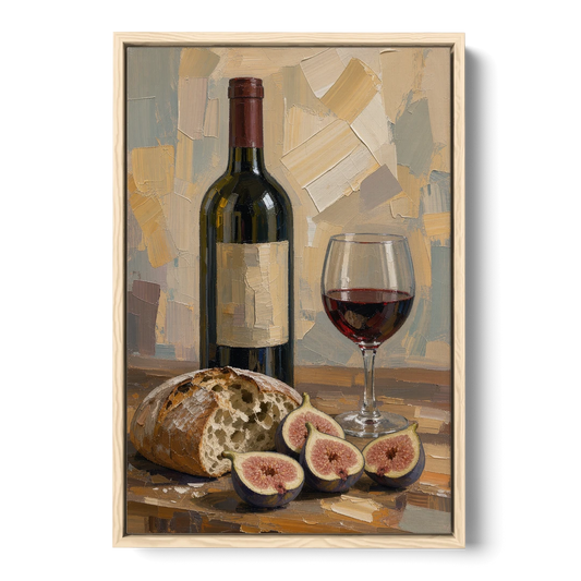 Red Wine Painting with Bread and Figs - Oak Framed Canvas Wall Art - Front