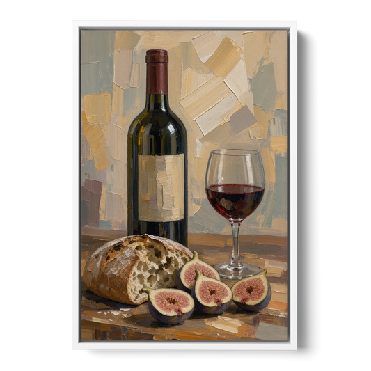 Red Wine Painting with Bread and Figs - White Framed Canvas Wall Art - Front