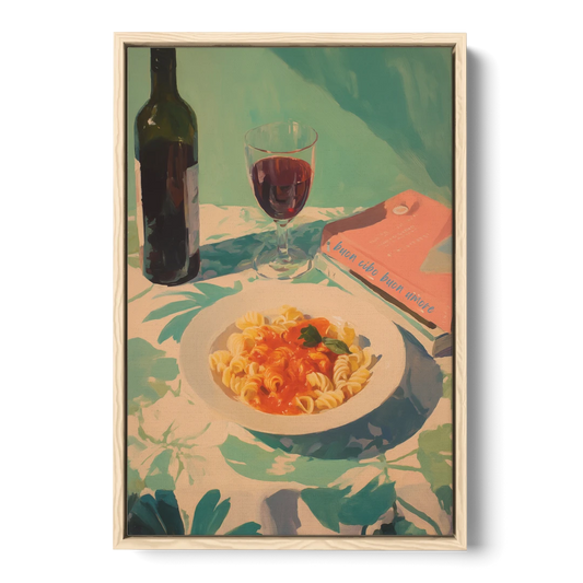 Red Wine Painting with Pasta and a Book - Oak Framed Canvas Wall Art - Front