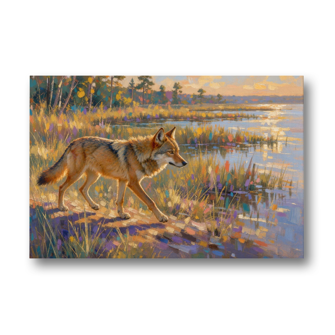 Red Wolf at the Golden Marsh - Canvas Wall Art - Front