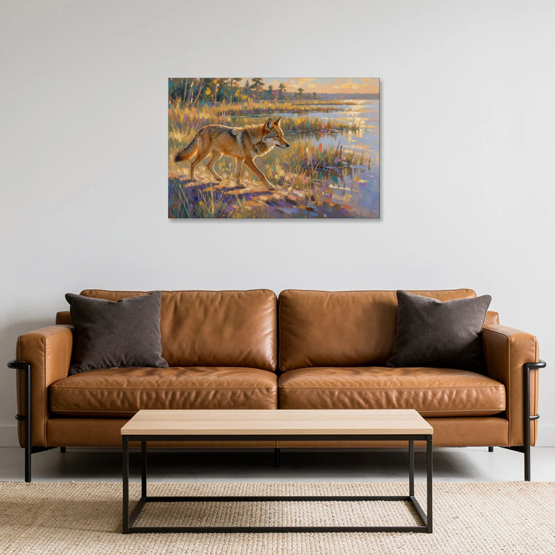 Red Wolf at the Golden Marsh - Canvas Wall Art - Sofa - 36x24