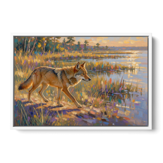 Impressionist Red Wolf at the Golden Marsh - White Framed Canvas Wall Art - Front