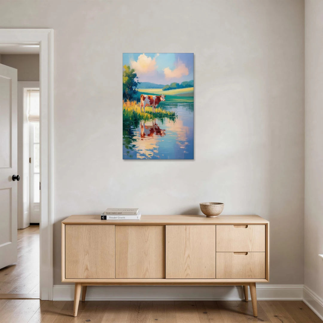 Reflective Cow by Water - Canvas Wall Art - Coffee Table - 24x36