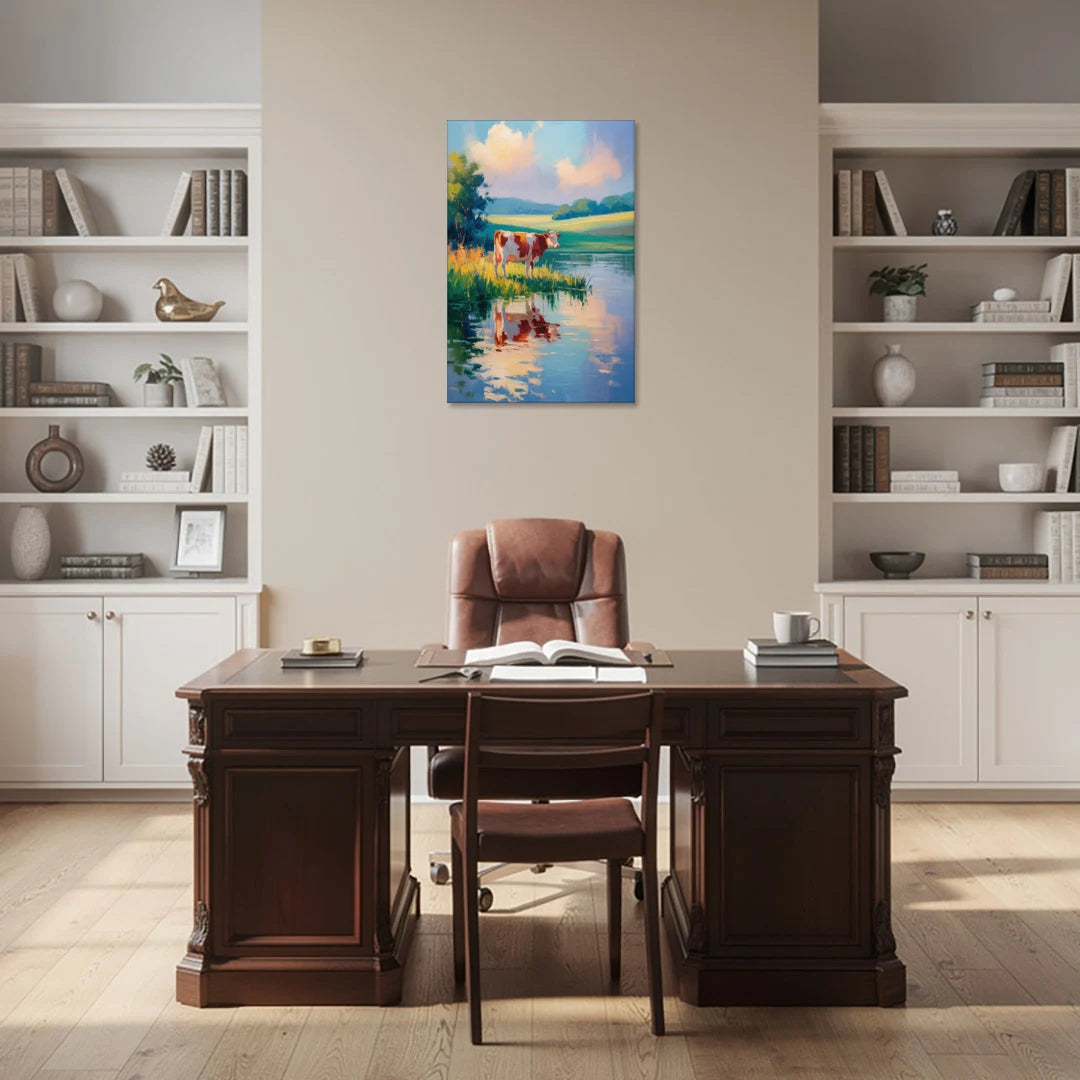 Reflective Cow by Water - Canvas Wall Art - Office - 24x36