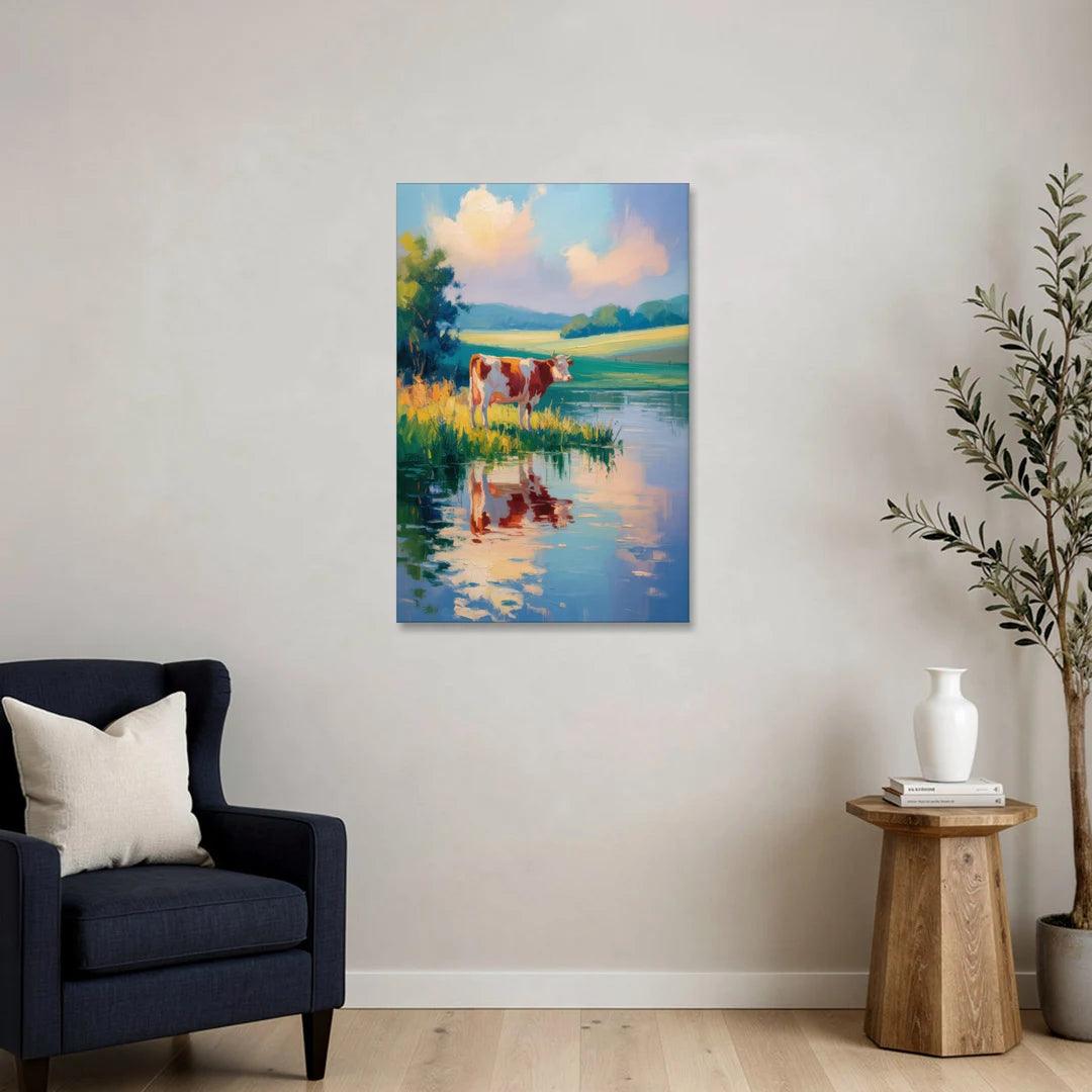 Reflective Cow by Water - Canvas Wall Art - Sofa - 24x36