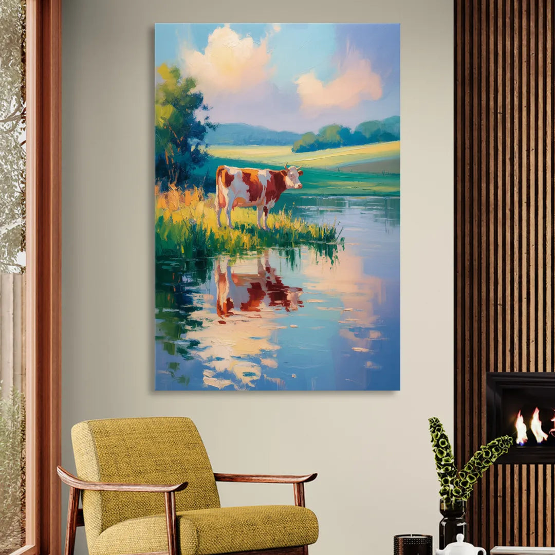 Reflective Cow by Water Living Room - Canvas Wall Art