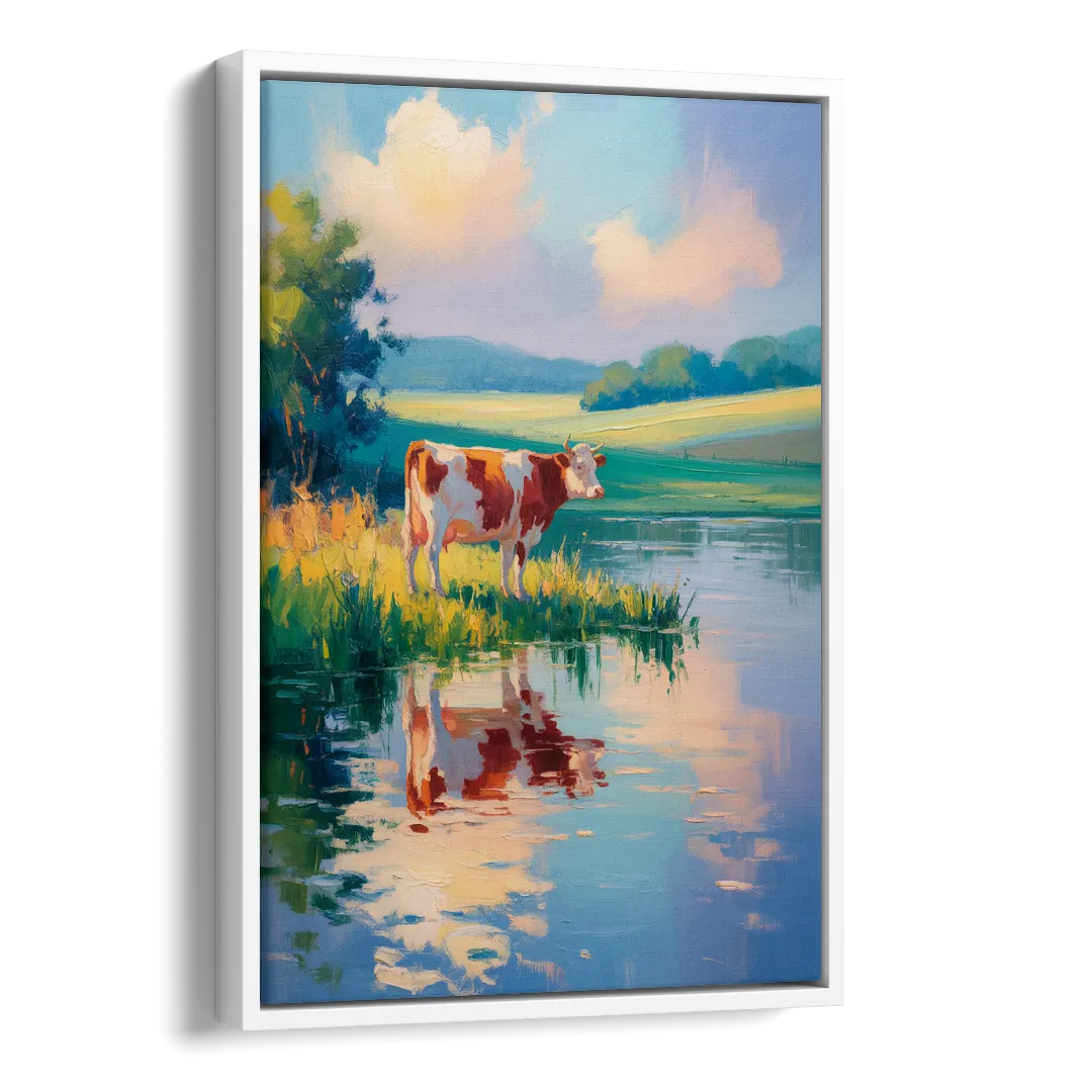 Reflective Cow by Water Side - White Canvas Wall Art