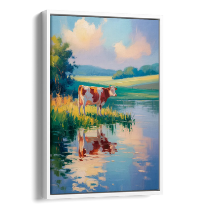 Reflective Cow by Water Side - White Canvas Wall Art