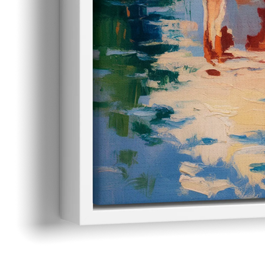 Reflective Cow by Water - Close-Up White Frame Canvas