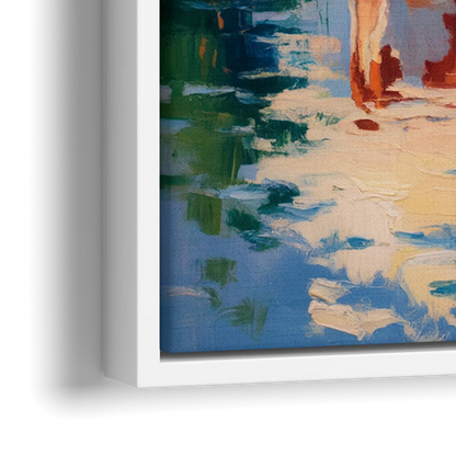 Reflective Cow by Water - Close-Up White Frame Canvas