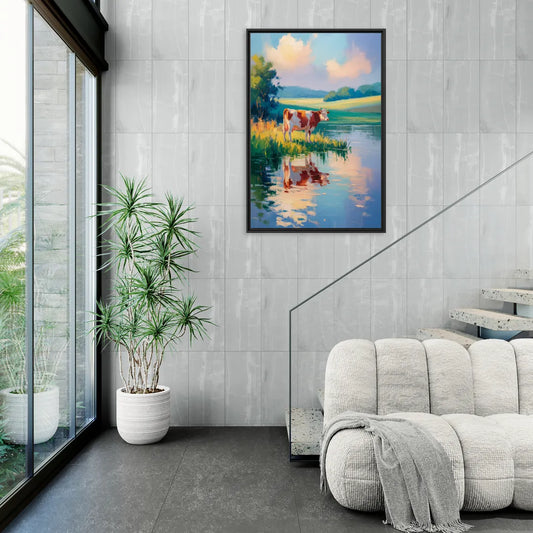 Reflective Cow by Water - Living Room Black Frame Canvas