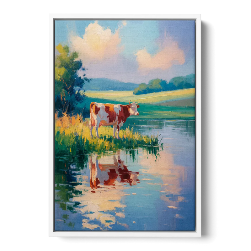 Reflective Cow by Water Front - White Canvas Wall Art