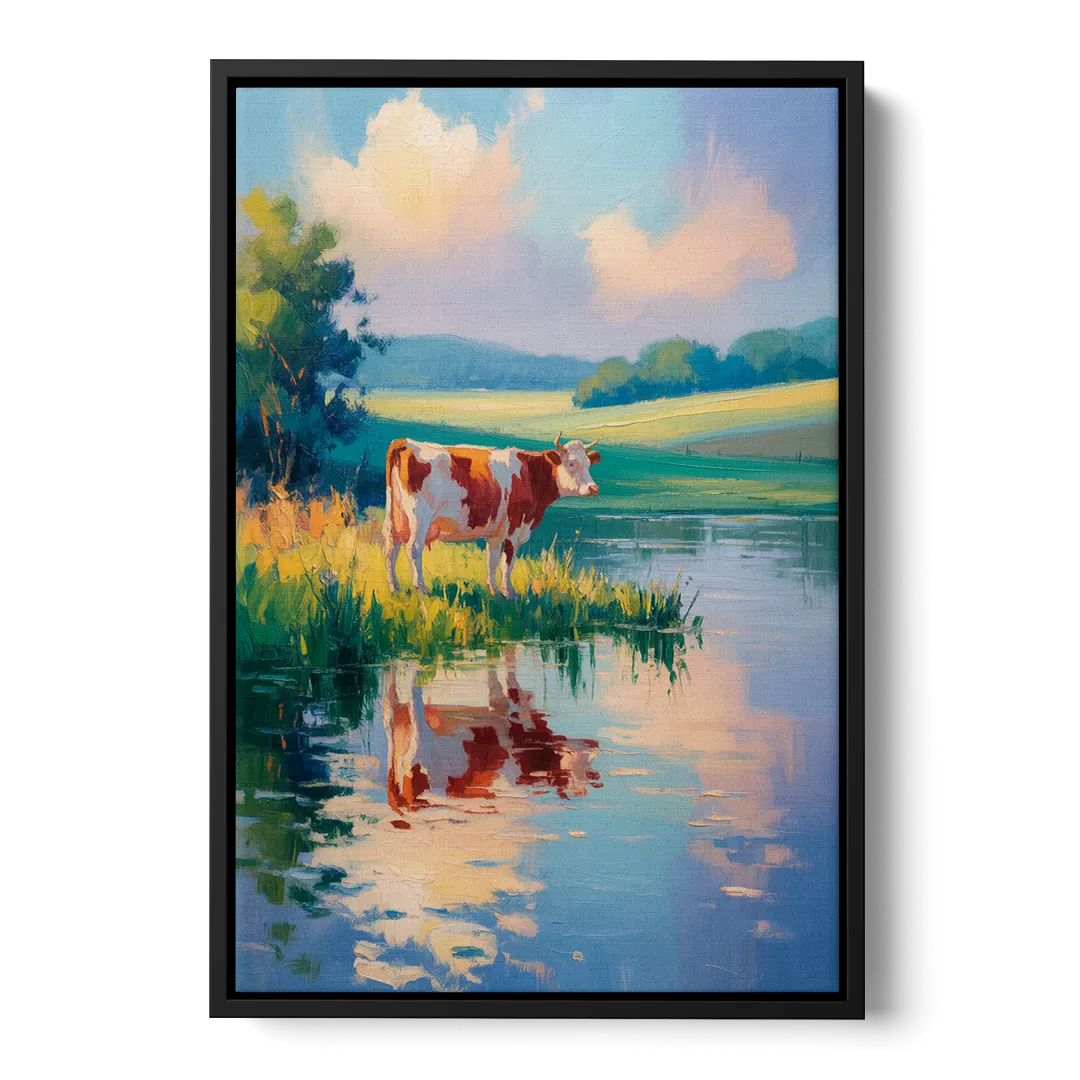 Reflective Cow by Water Front - Black Canvas Wall Art