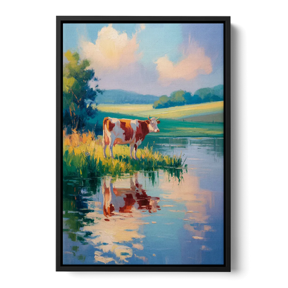 Reflective Cow by Water Front - Black Canvas Wall Art