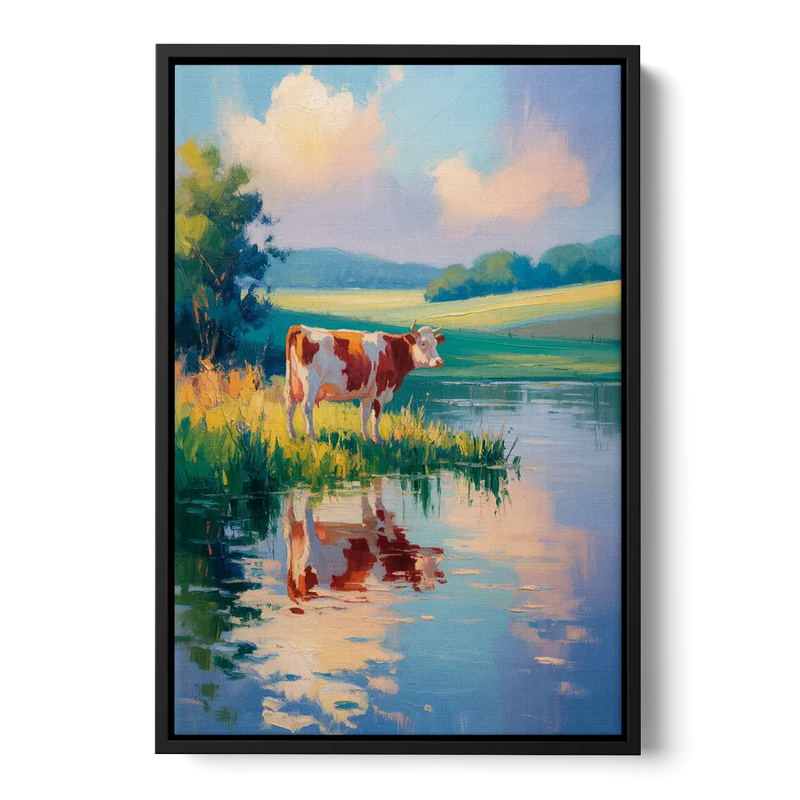 Reflective Cow by Water Front - Black Canvas Wall Art